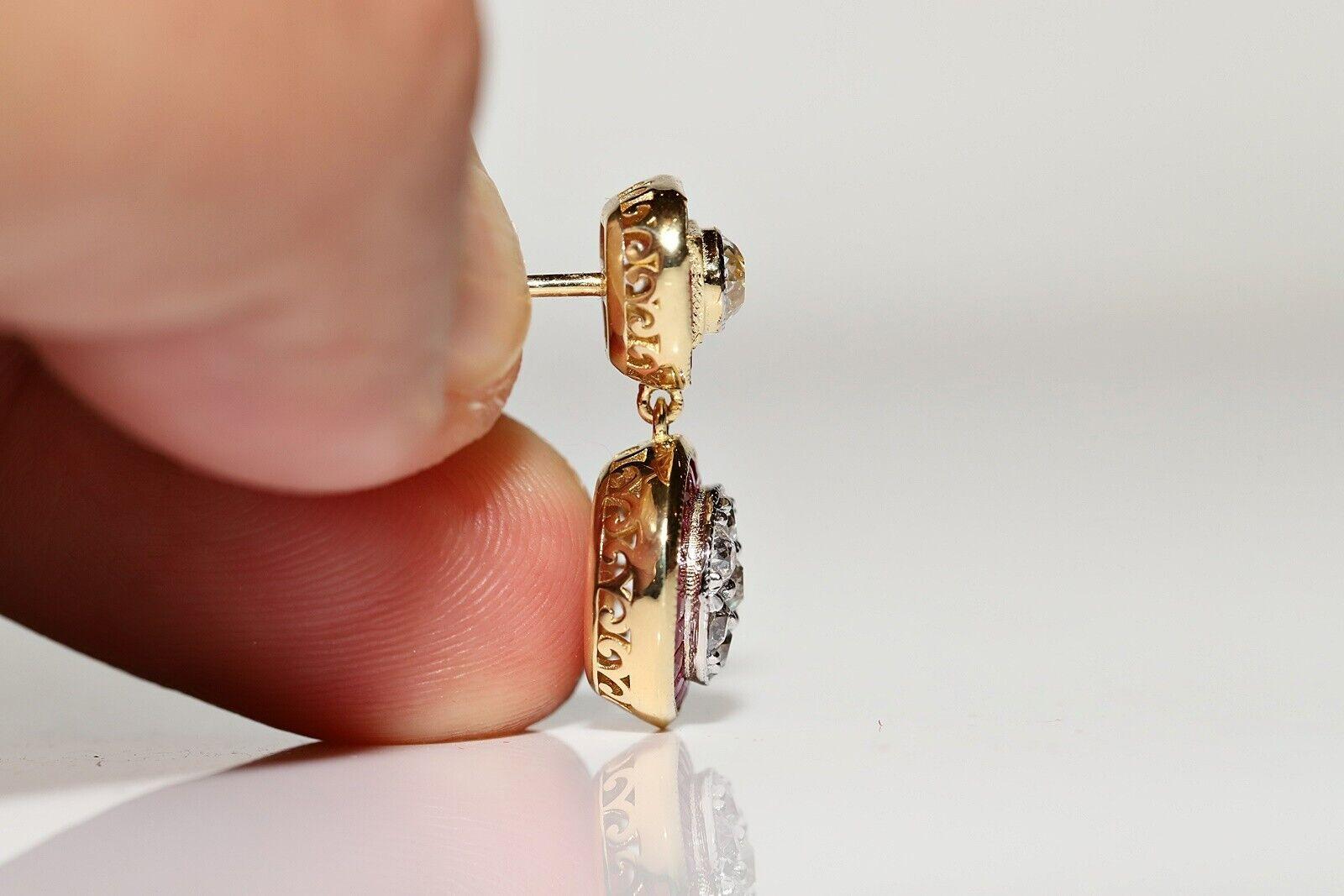 Old Mine Cut New Made 18k Gold Natural Old Cut Diamond And Caliber Cut Ruby  Drop Earring For Sale