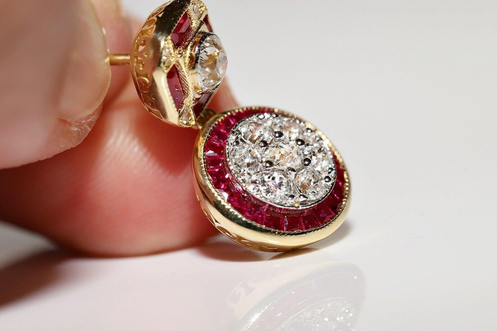 New Made 18k Gold Natural Old Cut Diamond And Caliber Cut Ruby  Drop Earring In New Condition For Sale In Fatih/İstanbul, 34