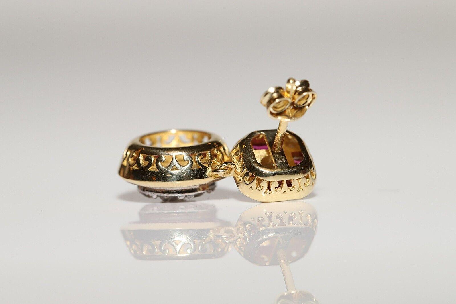 Women's New Made 18k Gold Natural Old Cut Diamond And Caliber Cut Ruby  Drop Earring For Sale