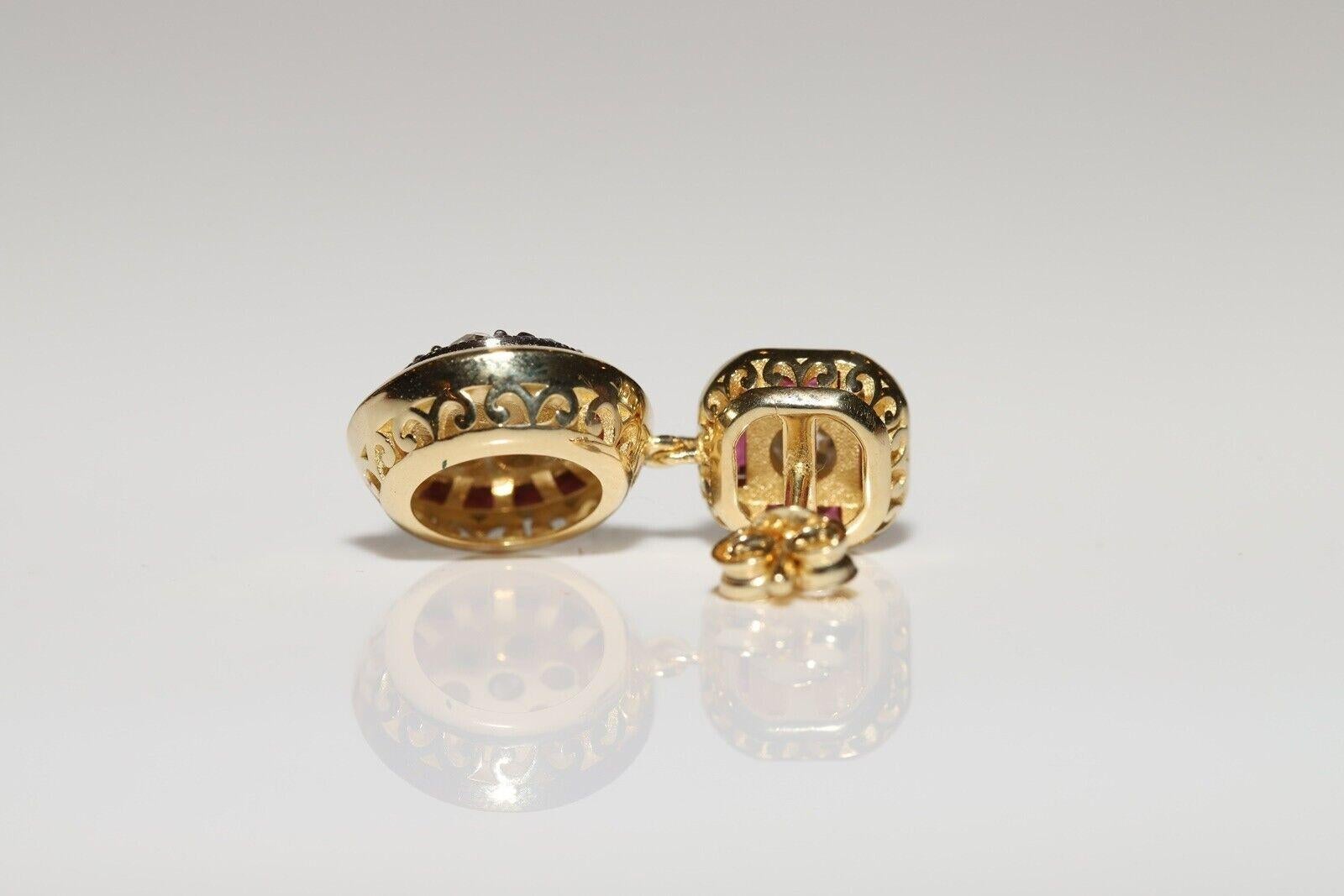 New Made Or 18k Diamant naturel taille ancienne et rubis taille calibre  Boucle d'oreille goutte d'eau en vente 1