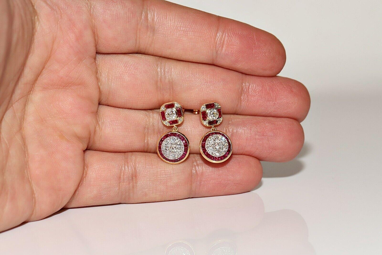 New Made Or 18k Diamant naturel taille ancienne et rubis taille calibre  Boucle d'oreille goutte d'eau en vente 3