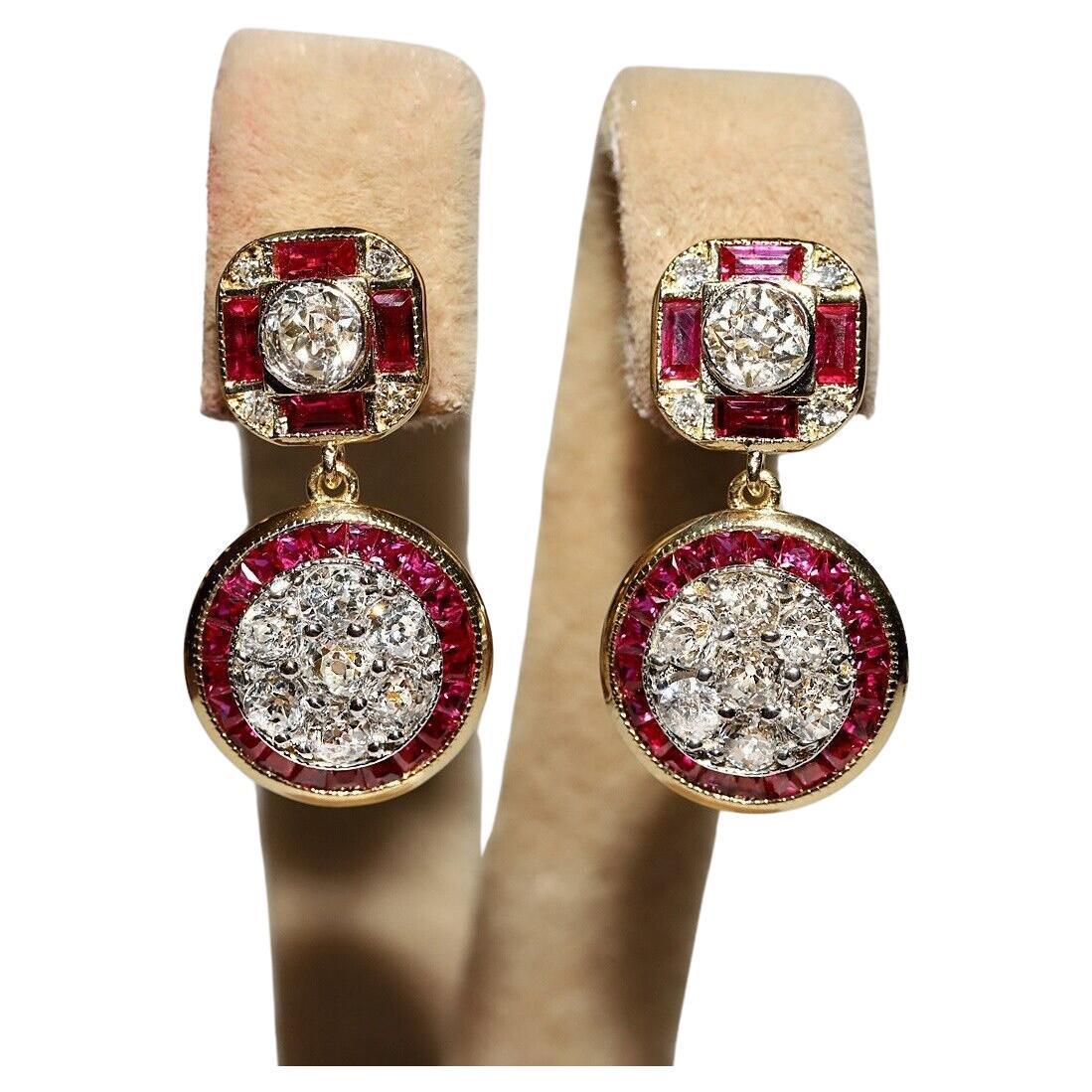 New Made Or 18k Diamant naturel taille ancienne et rubis taille calibre  Boucle d'oreille goutte d'eau