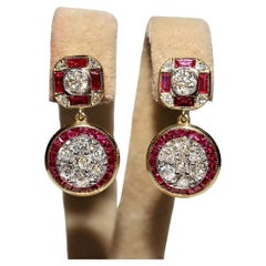 New Made Or 18k Diamant naturel taille ancienne et rubis taille calibre  Boucle d'oreille goutte d'eau