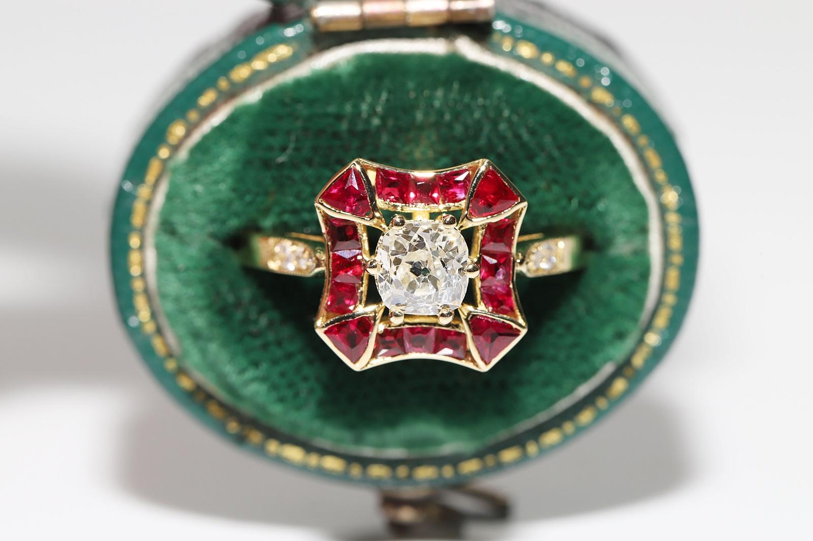 Women's New Made 18k Gold Natural Old Cut Diamond And Caliber Cut Ruby Wedding Ring For Sale