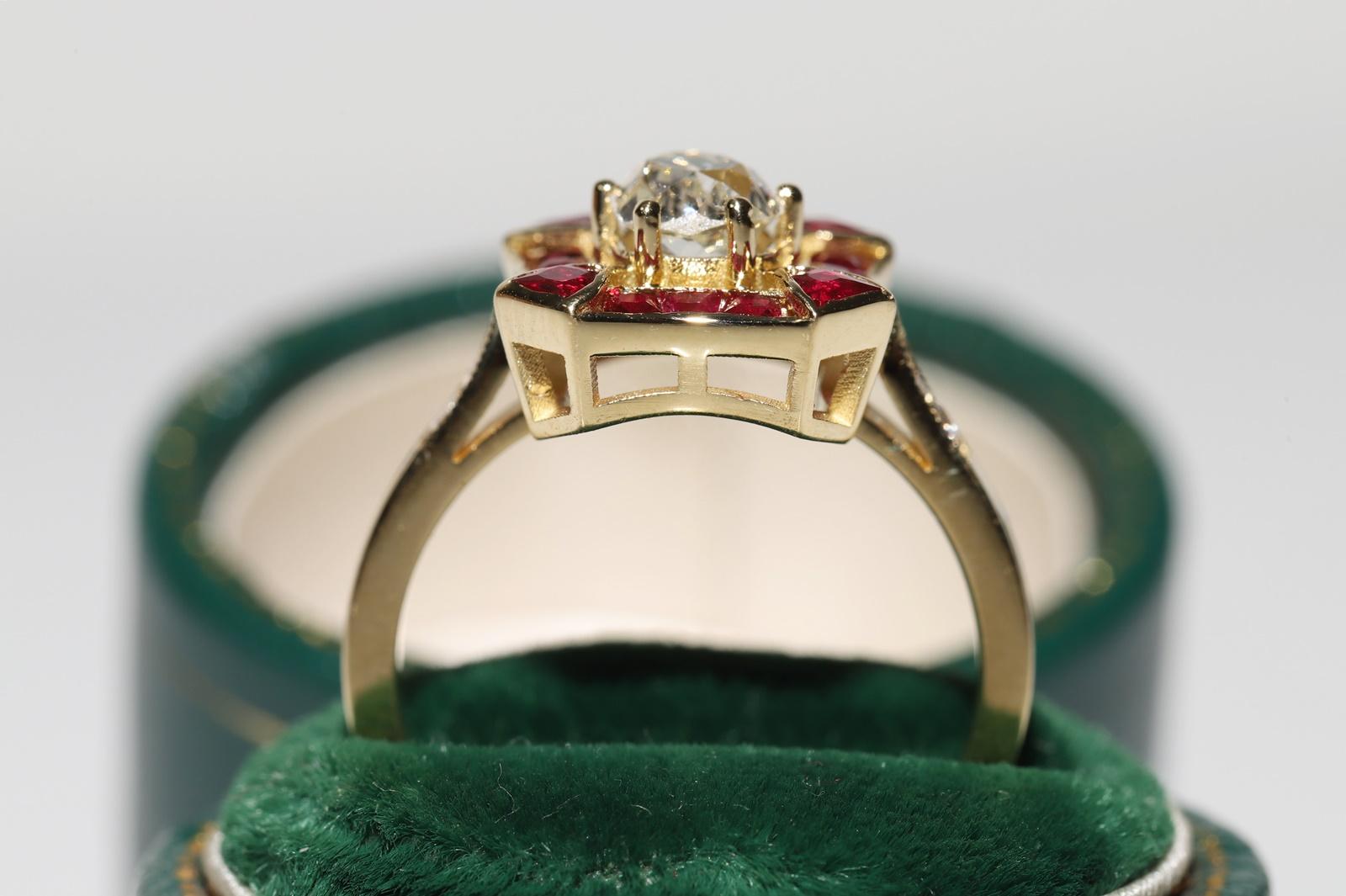 New Made 18k Gold Natural Old Cut Diamond And Caliber Cut Ruby Wedding Ring For Sale 1
