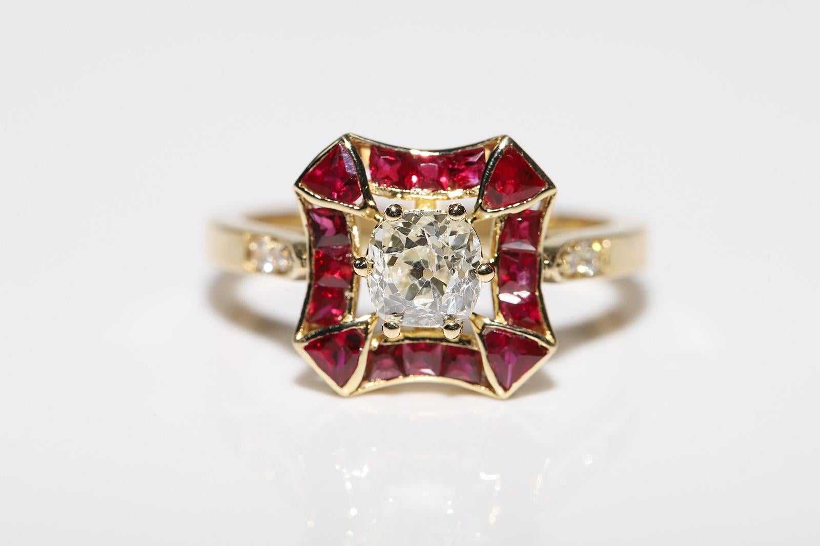 New Made 18k Gold Natural Old Cut Diamond And Caliber Cut Ruby Wedding Ring For Sale 3