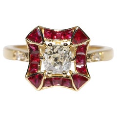 New Made 18k Gold Natural Old Cut Diamond And Caliber Cut Ruby Wedding Ring