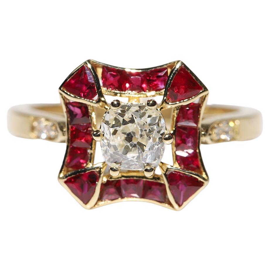 New Made 18k Gold Natural Old Cut Diamond And Caliber Cut Ruby Wedding Ring