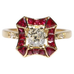 New Made 18k Gold Natural Old Cut Diamond And Caliber Cut Ruby Wedding Ring