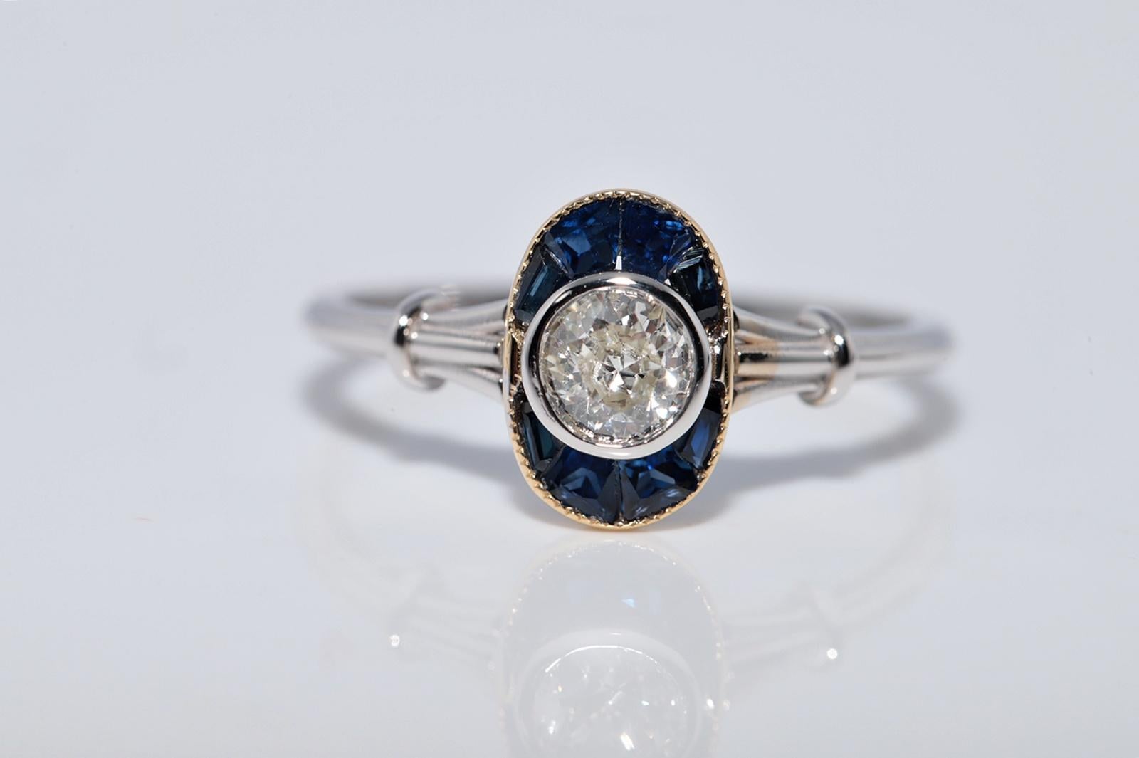 New Made 18k Gold Natural Old Cut Diamond And Caliber Cut Sapphire Ring For Sale