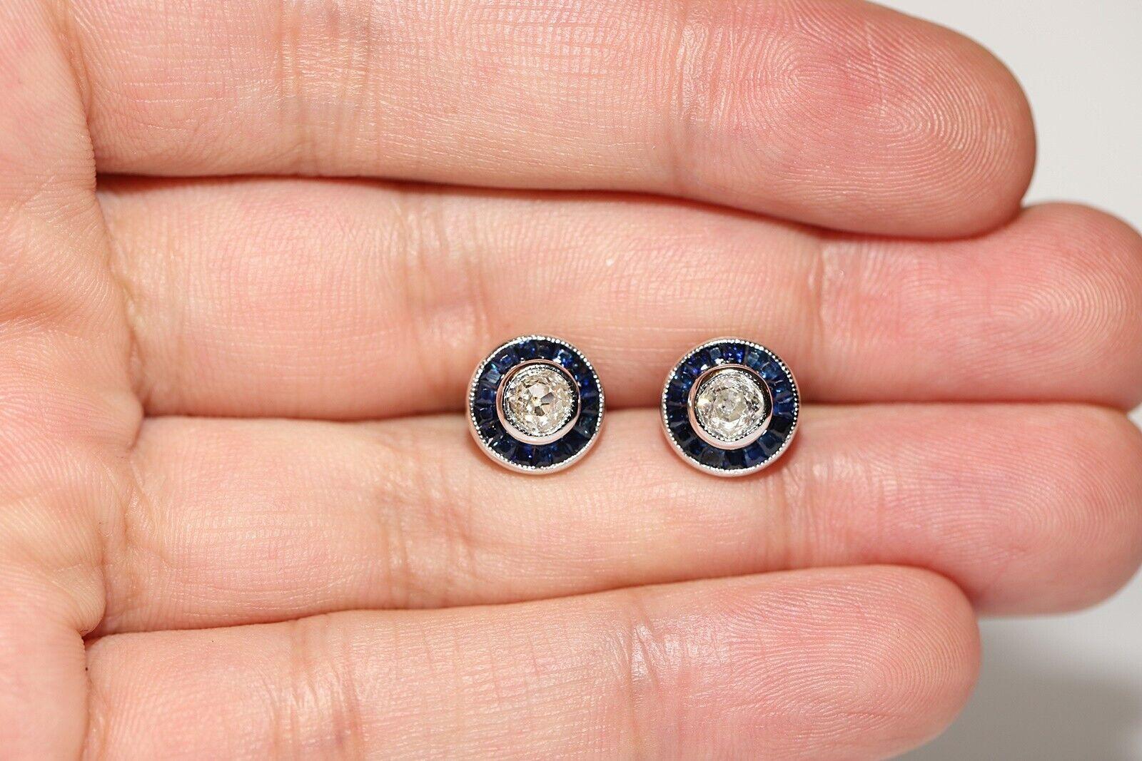 New Made 18k Gold Natural Old Cut Diamond And Caliber Sapphire Earring  For Sale 4