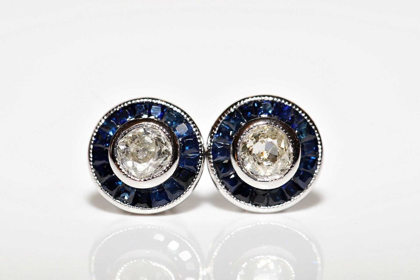 New Made 18k Gold Natural Old Cut Diamond And Caliber Sapphire Earring  For Sale 8