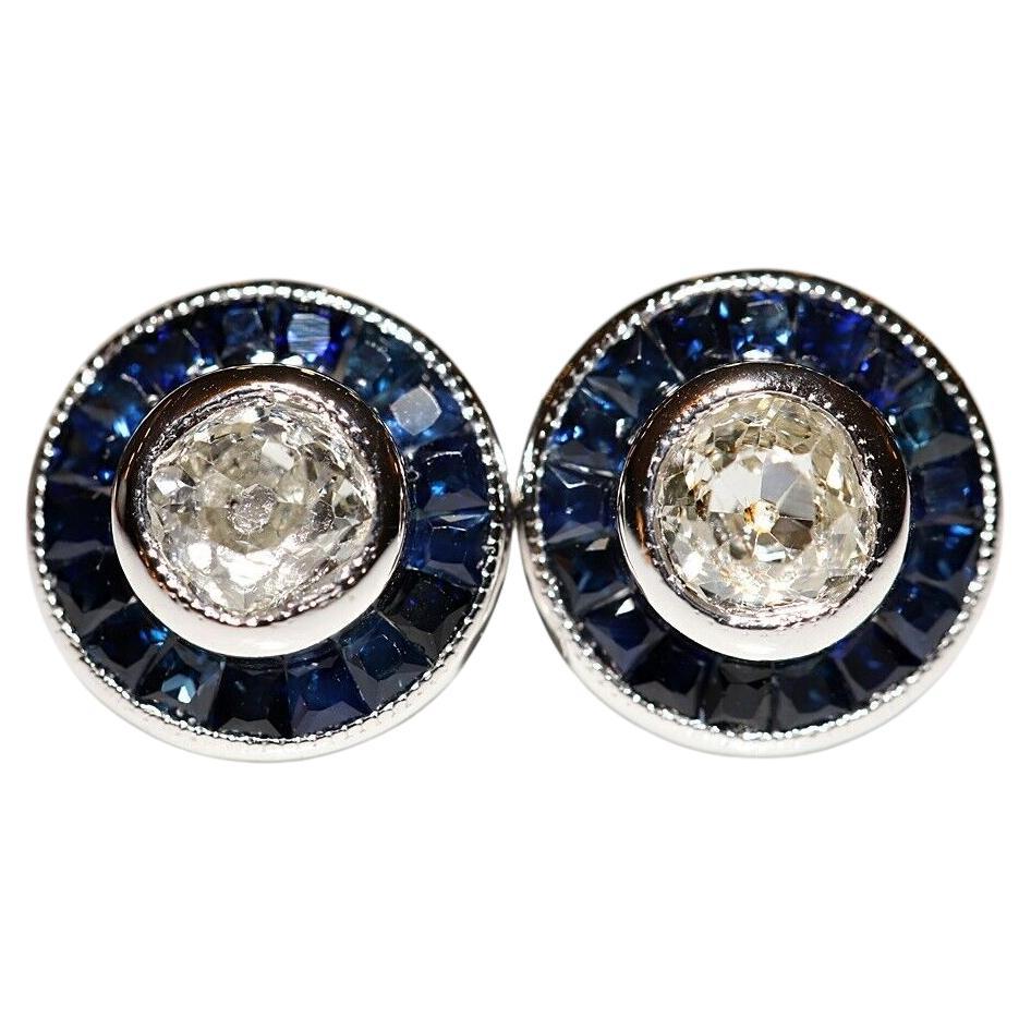 New Made 18k Gold Natural Old Cut Diamond And Caliber Sapphire Earring  For Sale