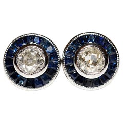 New Made 18k Gold Natural Old Cut Diamond And Caliber Sapphire Earring 