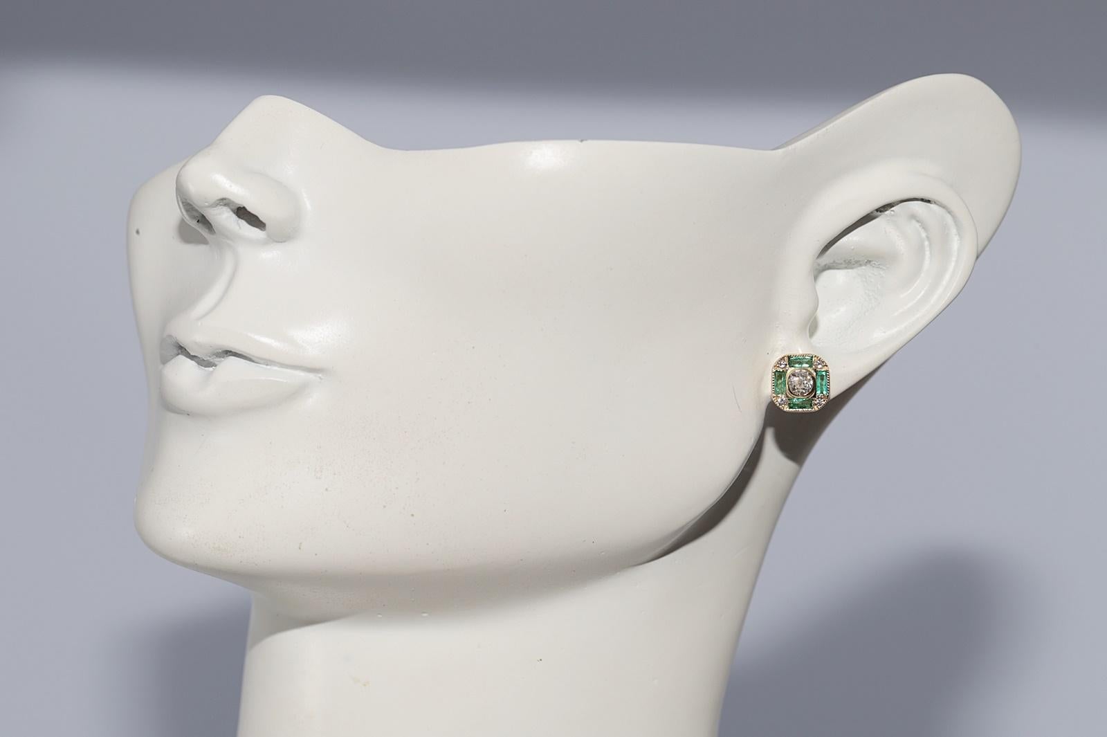 New Made 18k Gold natürlichen alten Schliff Diamant und Smaragd verziert Ohrstecker im Angebot 7