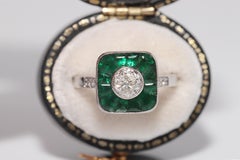 New Made 18k Gold Natural Old Cut Diamond And Emerald Ring