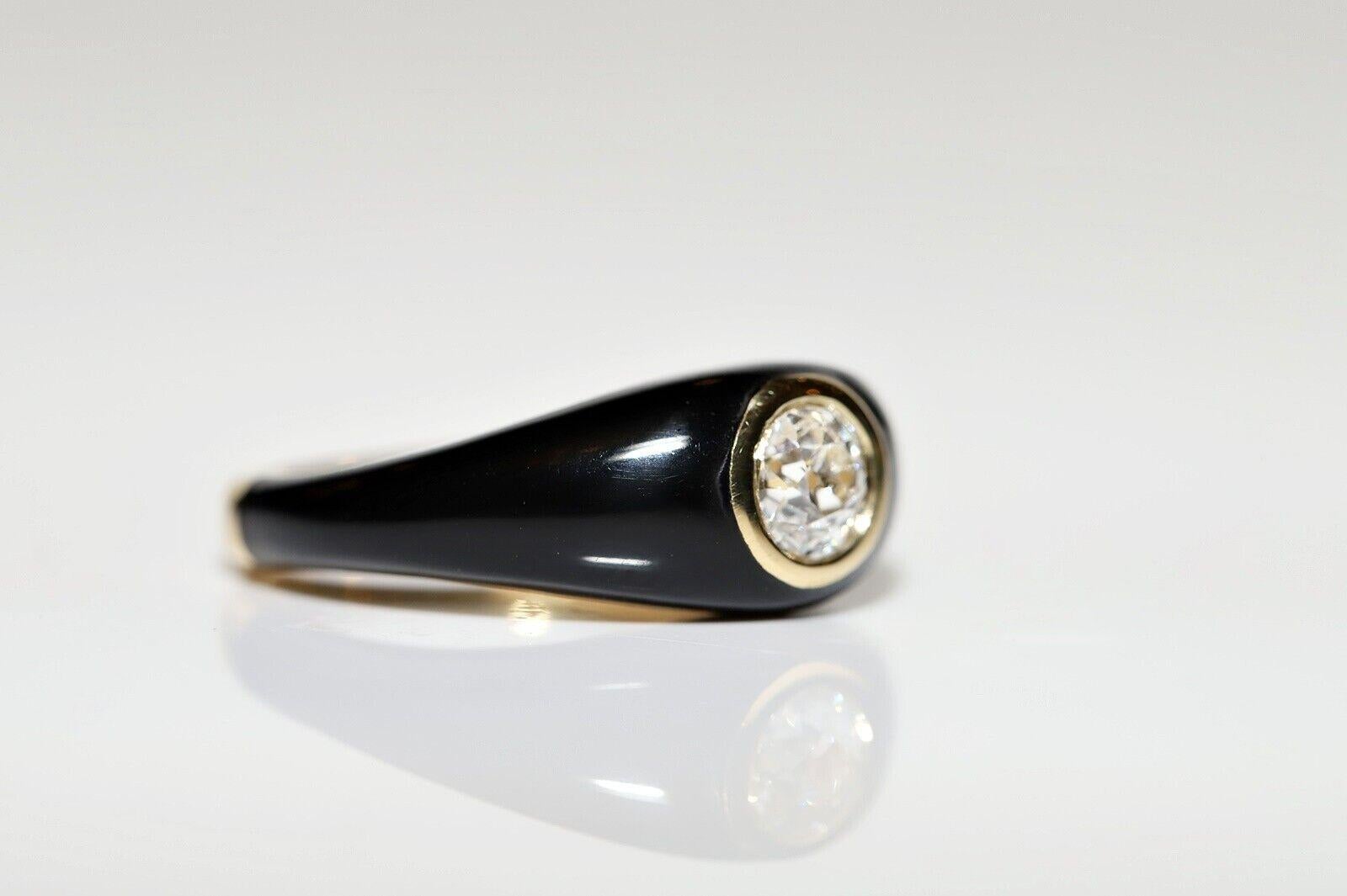 Moderne Bague solitaire en or 18 carats, diamant naturel taille ancienne et émail de fabrication neuve  en vente