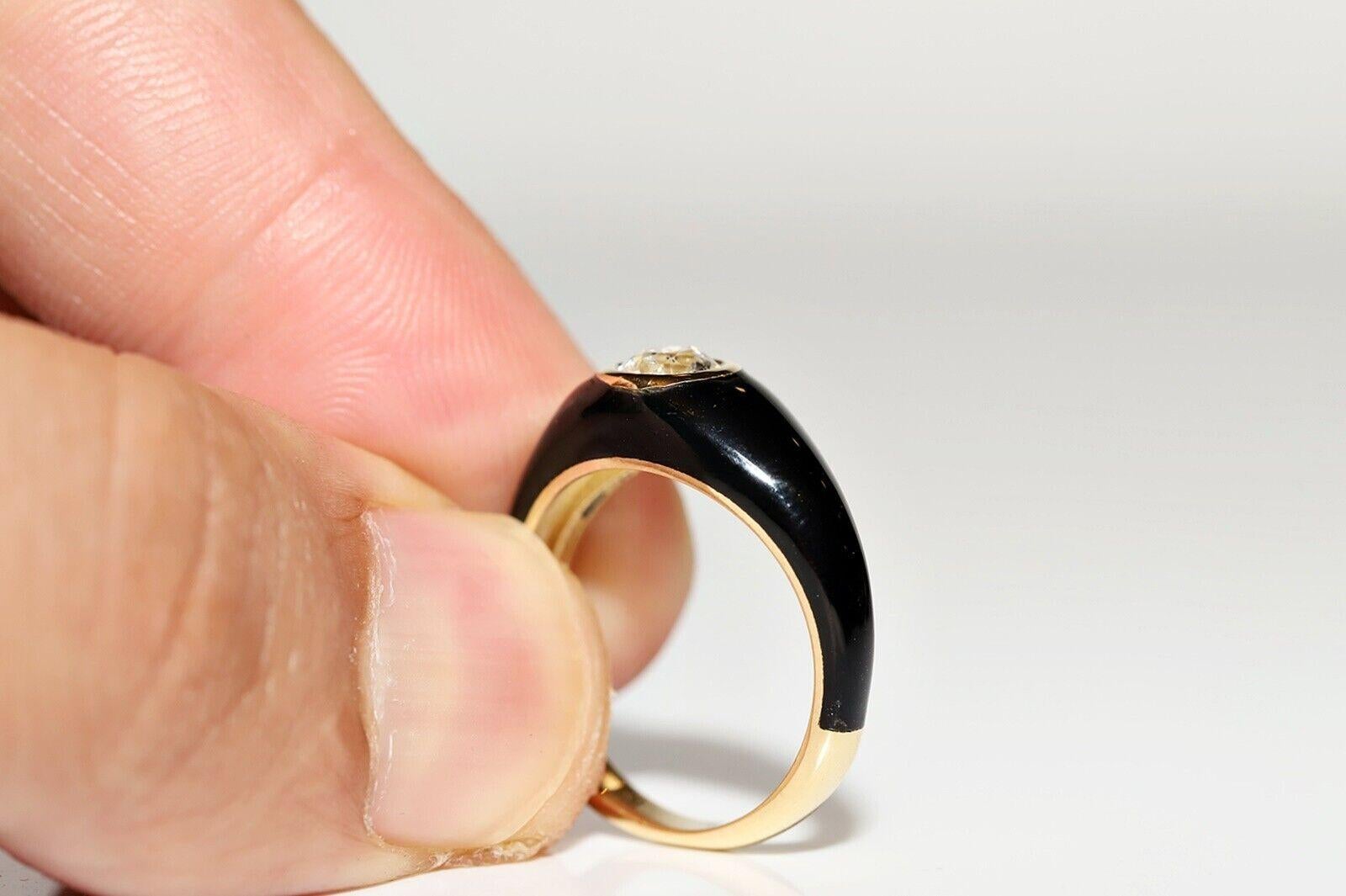Anello solitario in oro 18k con diamante naturale taglio vecchio e smalto di nuova produzione In condizioni Nuovo in vendita a Fatih/İstanbul, 34