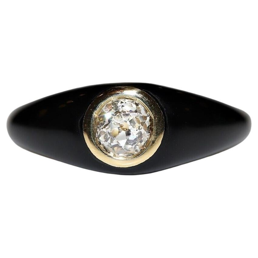 Anello solitario in oro 18k con diamante naturale taglio vecchio e smalto di nuova produzione in vendita