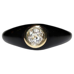 Anillo solitario de oro de 18 quilates con diamante natural talla antigua y esmalte