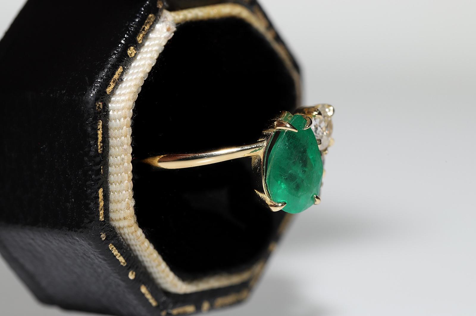 Modern New Made 18k Gold Natural Old Cut Diamond And Pear Cut Emerald Ring  For Sale
