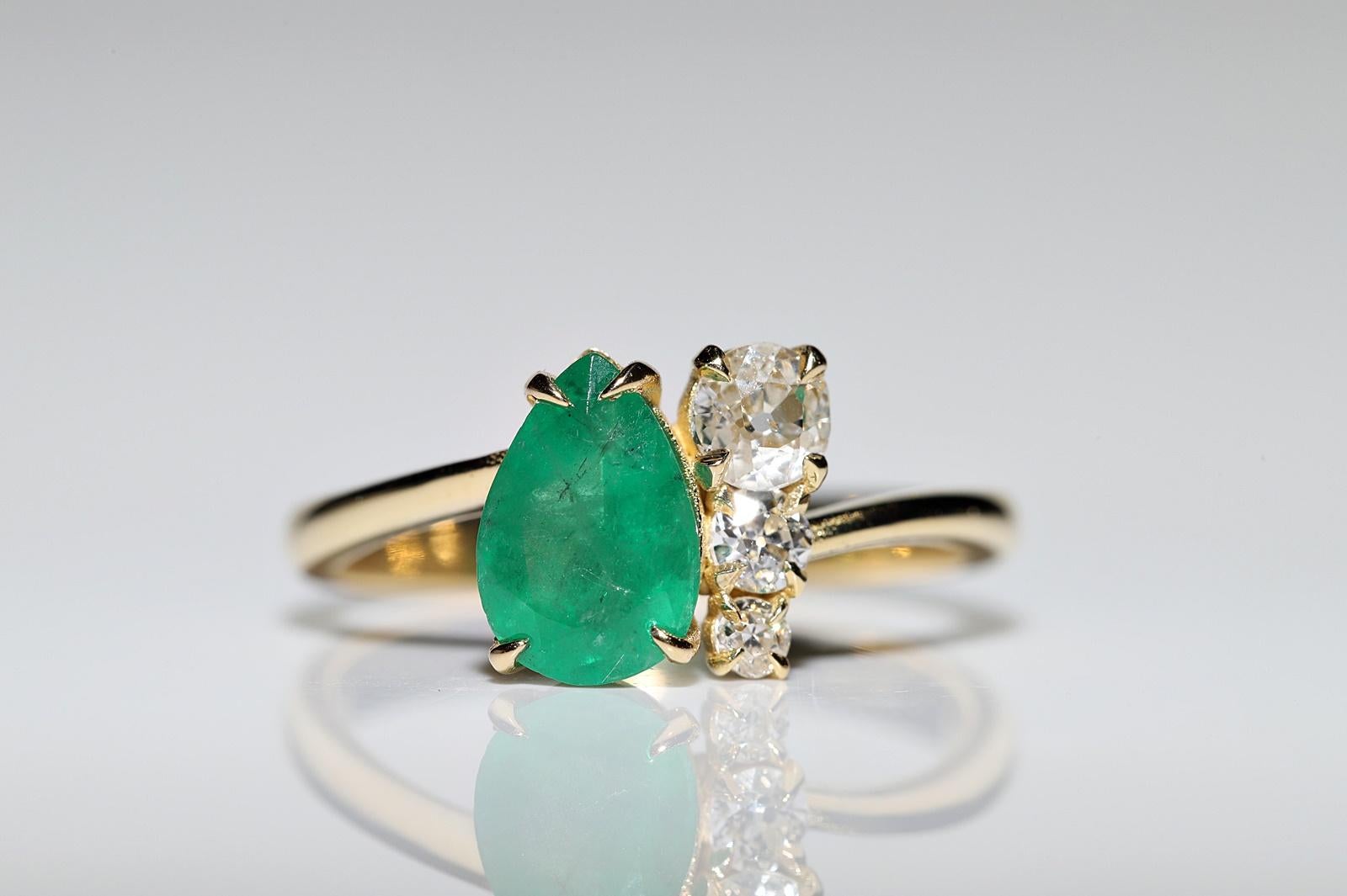 Old Mine Cut New Made 18k Gold Natural Old Cut Diamond And Pear Cut Emerald Ring  For Sale