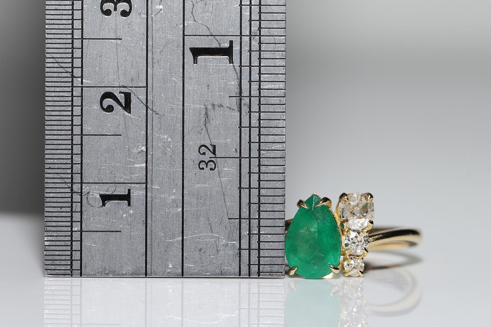 New Made 18k Gold Natural Old Cut Diamond And Pear Cut Emerald Ring  In New Condition For Sale In Fatih/İstanbul, 34