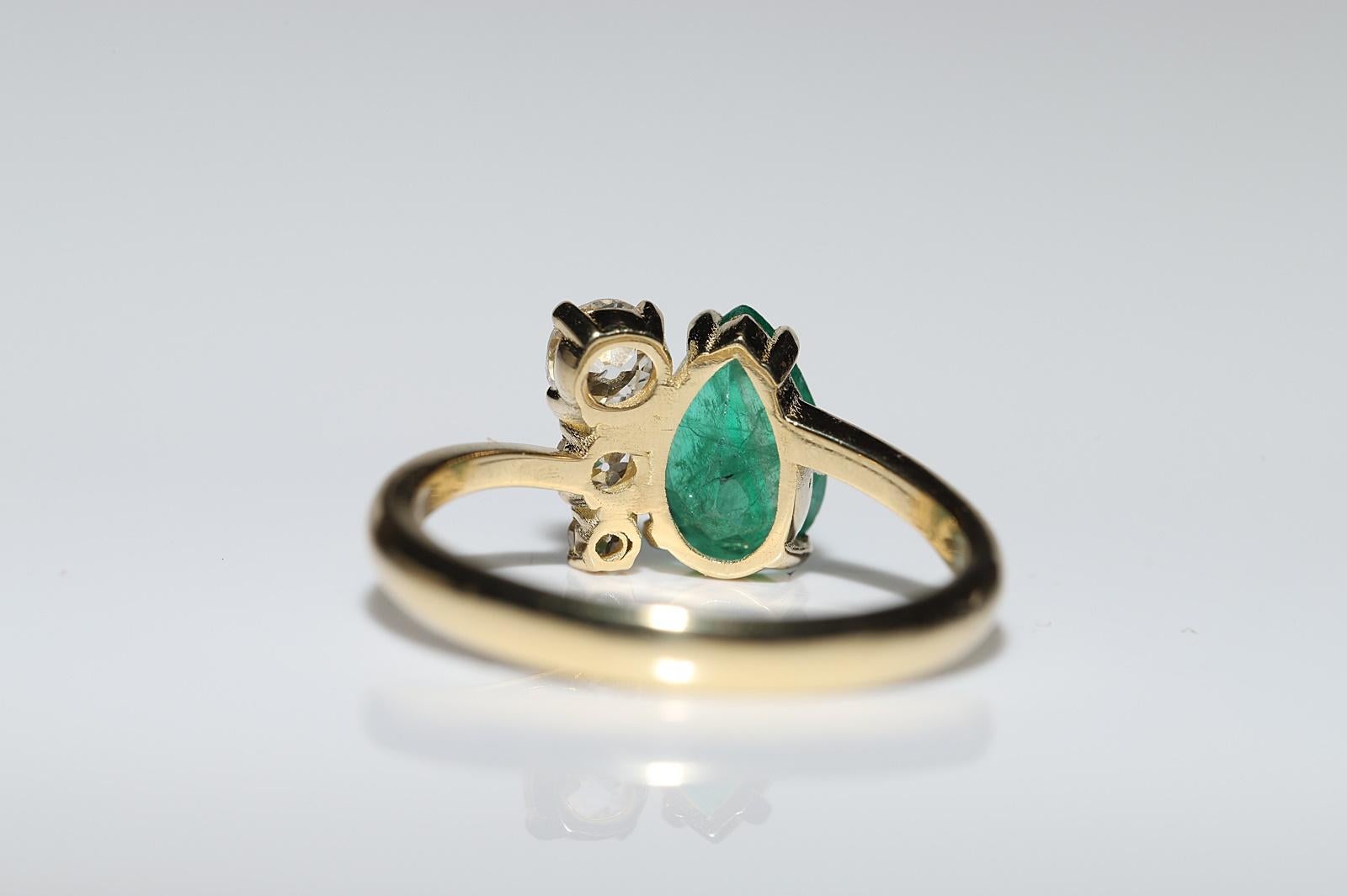 Bague neuve fabriquée en or 18 carats, diamant naturel taille ancienne et émeraude taille poire en vente 3
