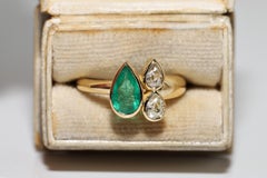 New Made 18k Gold Nature Old Pear Cut Diamond and Emerald (diamanti e smeraldi)  Anello decorato