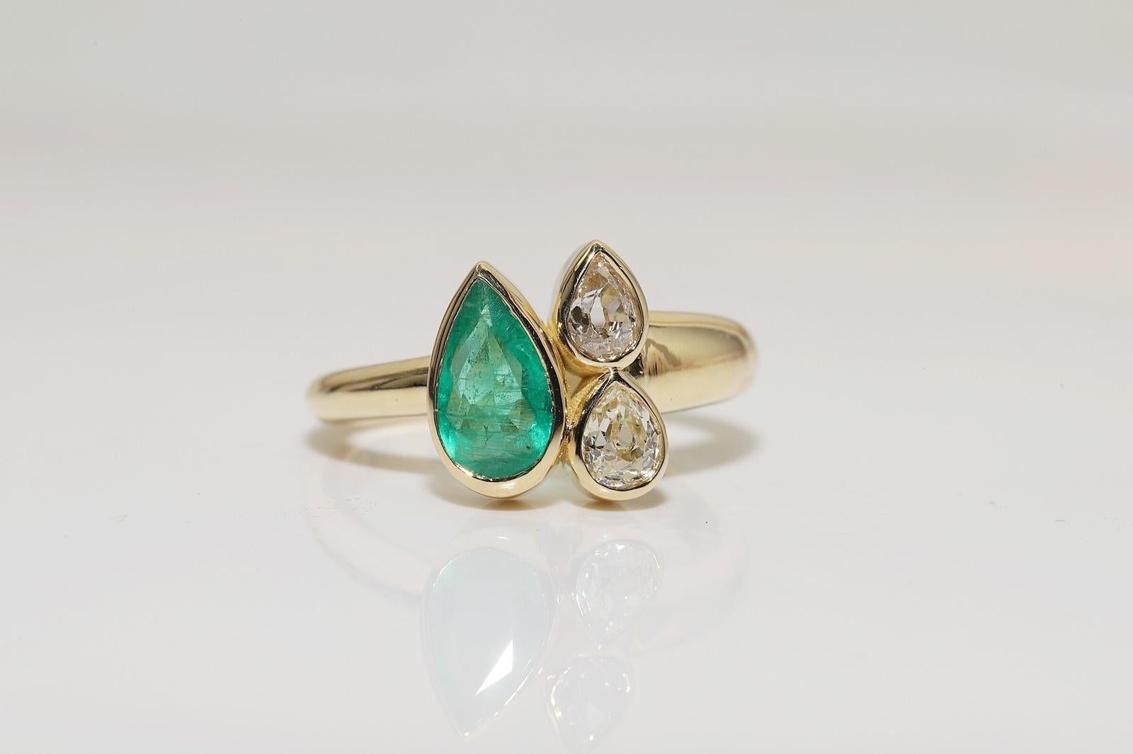 Modern New Made 18k Gold Natural Old Pear Cut Diamond And Emerald  Decorated Ring For Sale