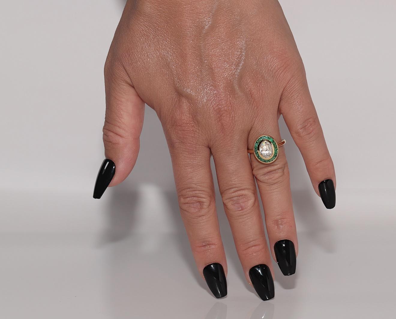 New Made Bague en or 18k diamant naturel taille rose et émeraude taille calibre en vente 7