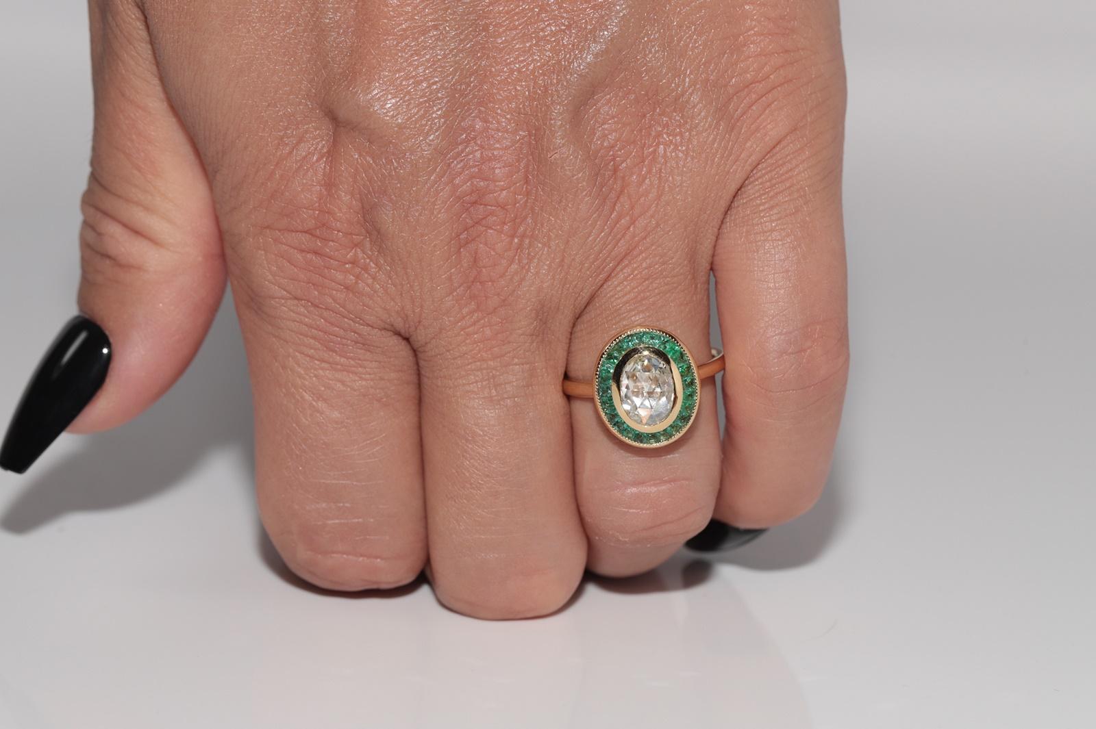 New Made Bague en or 18k diamant naturel taille rose et émeraude taille calibre en vente 8