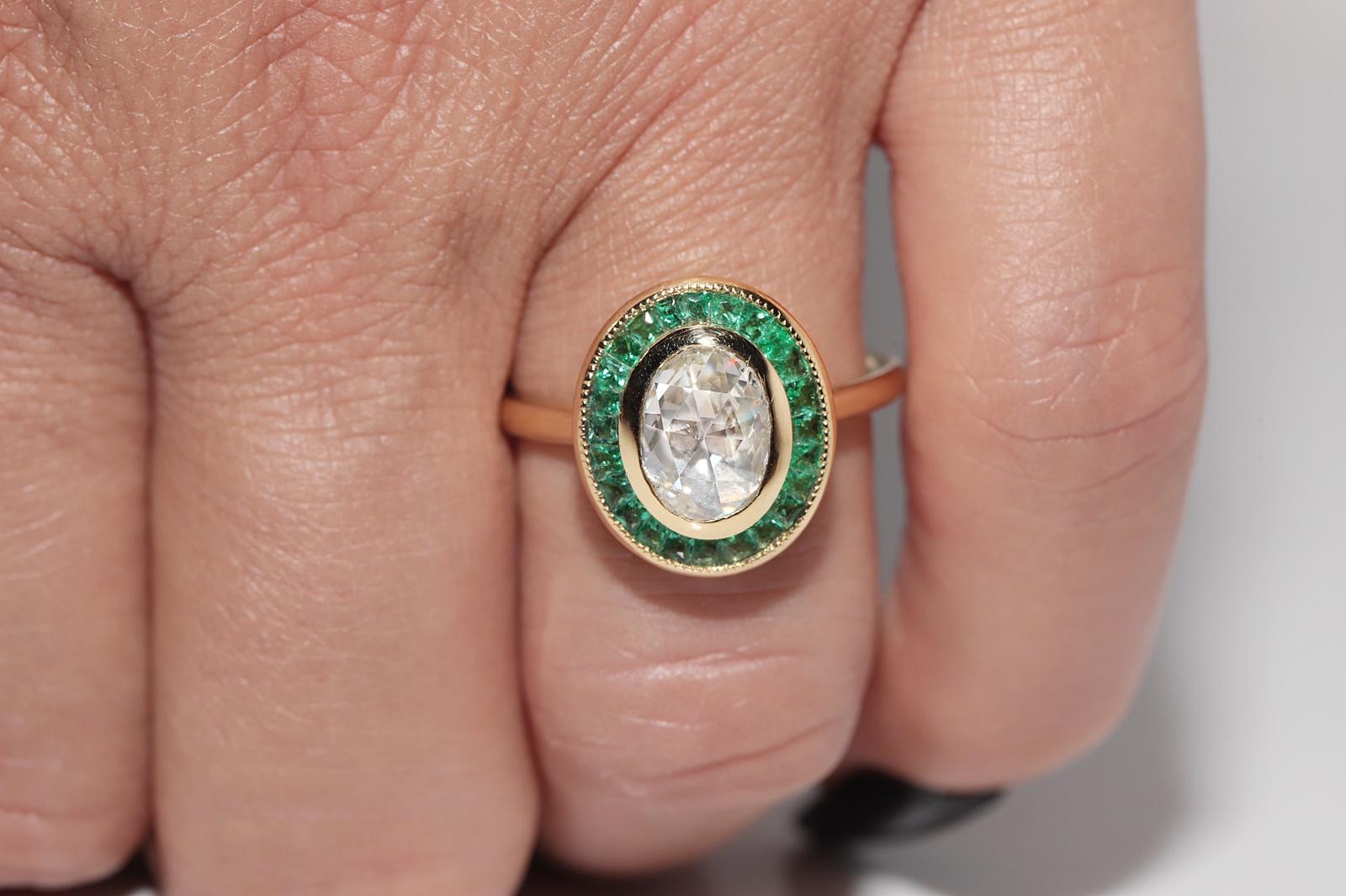 New Made Bague en or 18k diamant naturel taille rose et émeraude taille calibre en vente 9