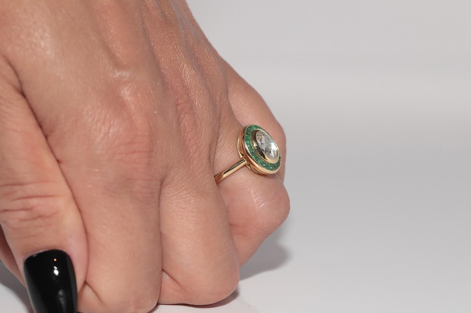 New Made Bague en or 18k diamant naturel taille rose et émeraude taille calibre en vente 10