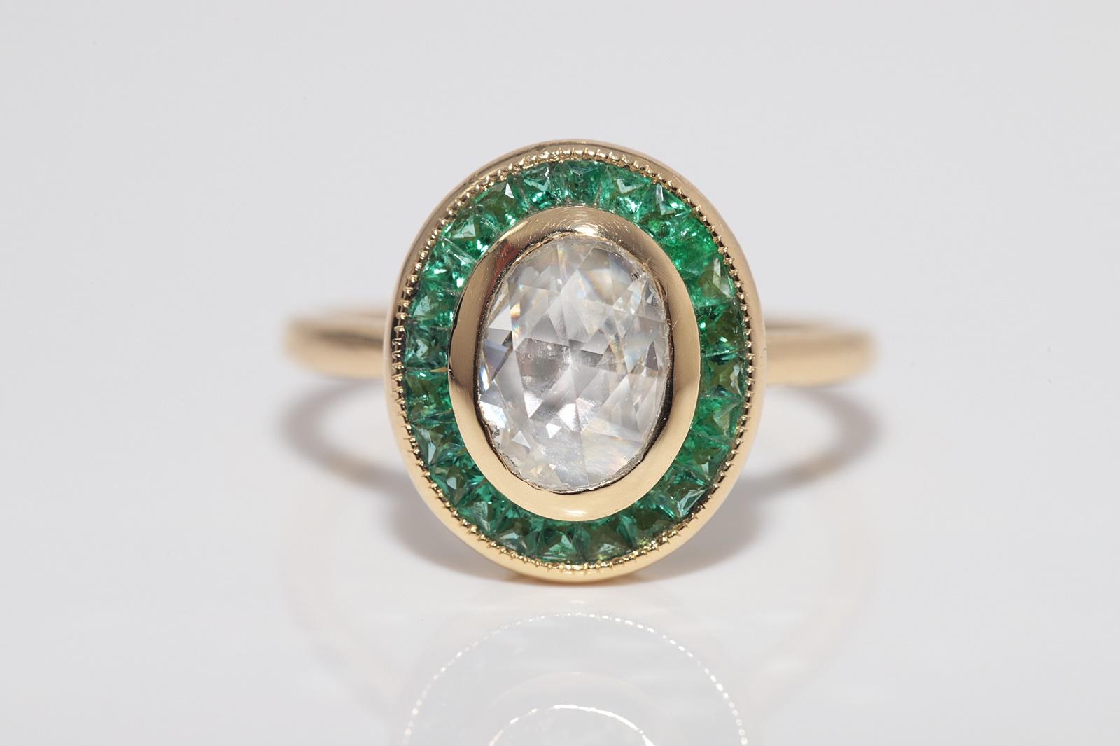 Artisan New Made Bague en or 18k diamant naturel taille rose et émeraude taille calibre en vente