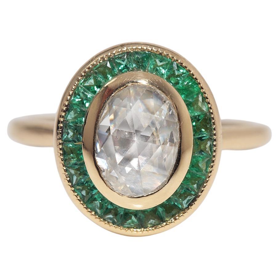New Made Bague en or 18k diamant naturel taille rose et émeraude taille calibre en vente