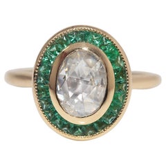 New Made 18k Gold Natural Rose Cut Diamond And Caliber Cut Emerald Ring