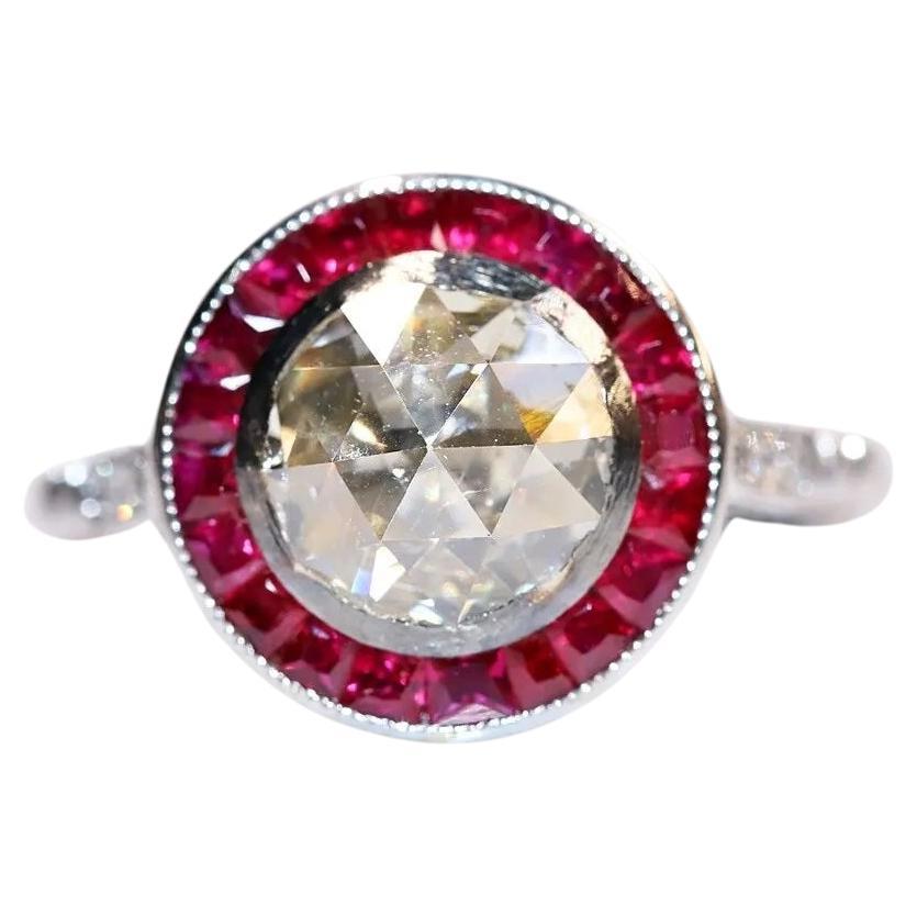 New Made 18k Gold Natural Rose Cut Diamond And Caliber Ruby Decorated Ring  For Sale