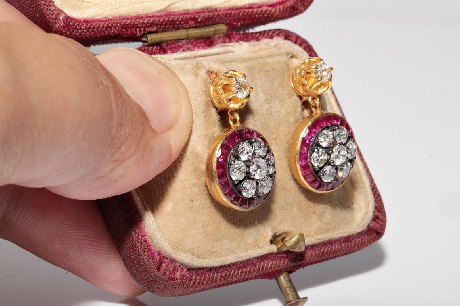 Brilliant Cut New Made 18k Gold Top Silver Natural Diamond And Caliber Ruby Decorated Earring For Sale