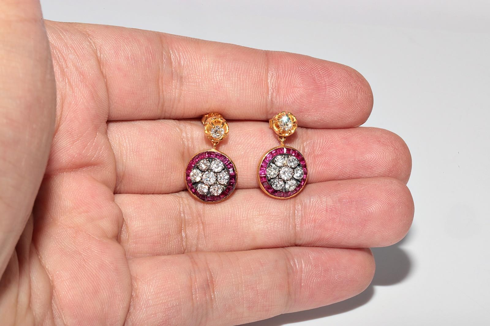 New Made 18k Gold Top Silver Natural Diamond And Caliber Ruby Decorated Earring In New Condition For Sale In Fatih/İstanbul, 34