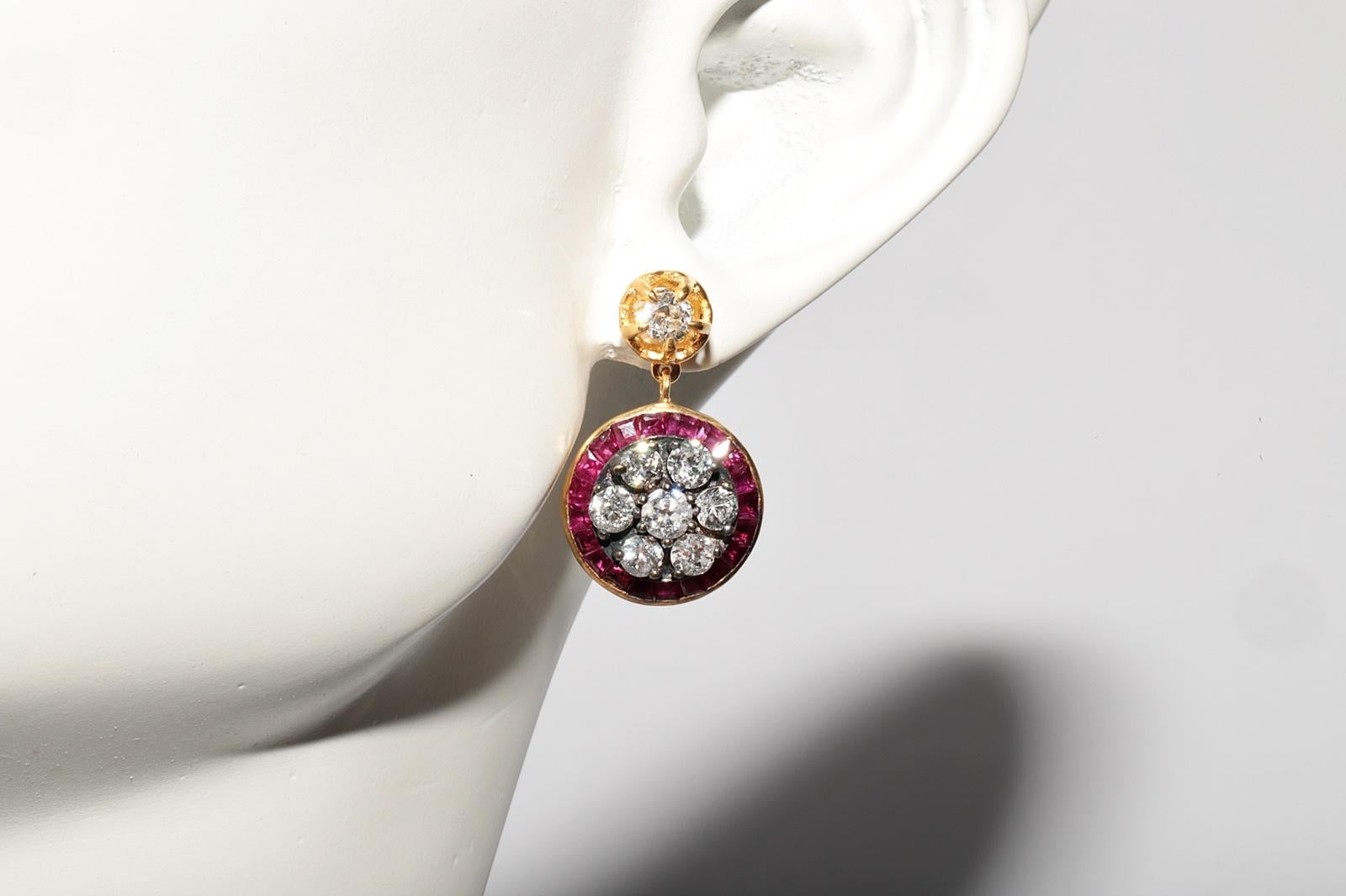 New Made 18k Gold Top Silver Natural Diamond And Caliber Ruby Decorated Earring For Sale 3