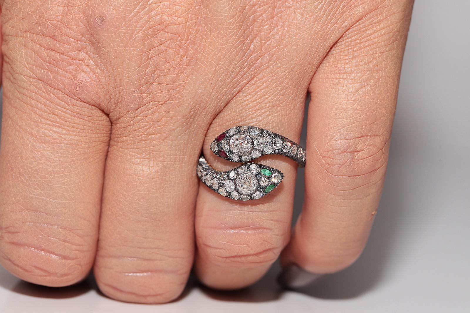 Anillo de serpiente con diamante natural y rubí esmeralda en oro de 18 quilates y plata de primera ley en venta 9
