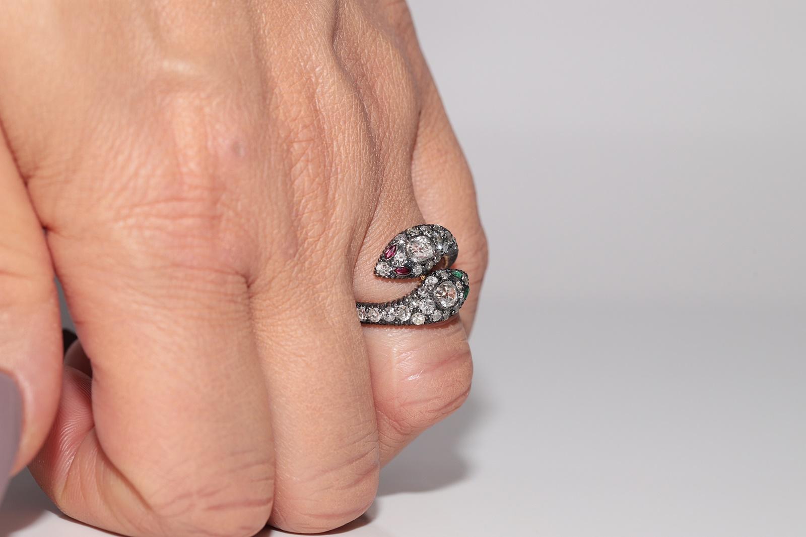 Anillo de serpiente con diamante natural y rubí esmeralda en oro de 18 quilates y plata de primera ley en venta 10
