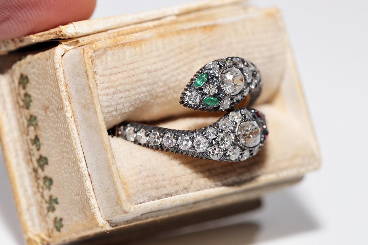 Anillo de serpiente con diamante natural y rubí esmeralda en oro de 18 quilates y plata de primera ley Moderno en venta