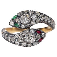 Neuer Schlangenring, 18 Karat Gold Top Silber natürlicher Diamant und Rubin Smaragd Snake