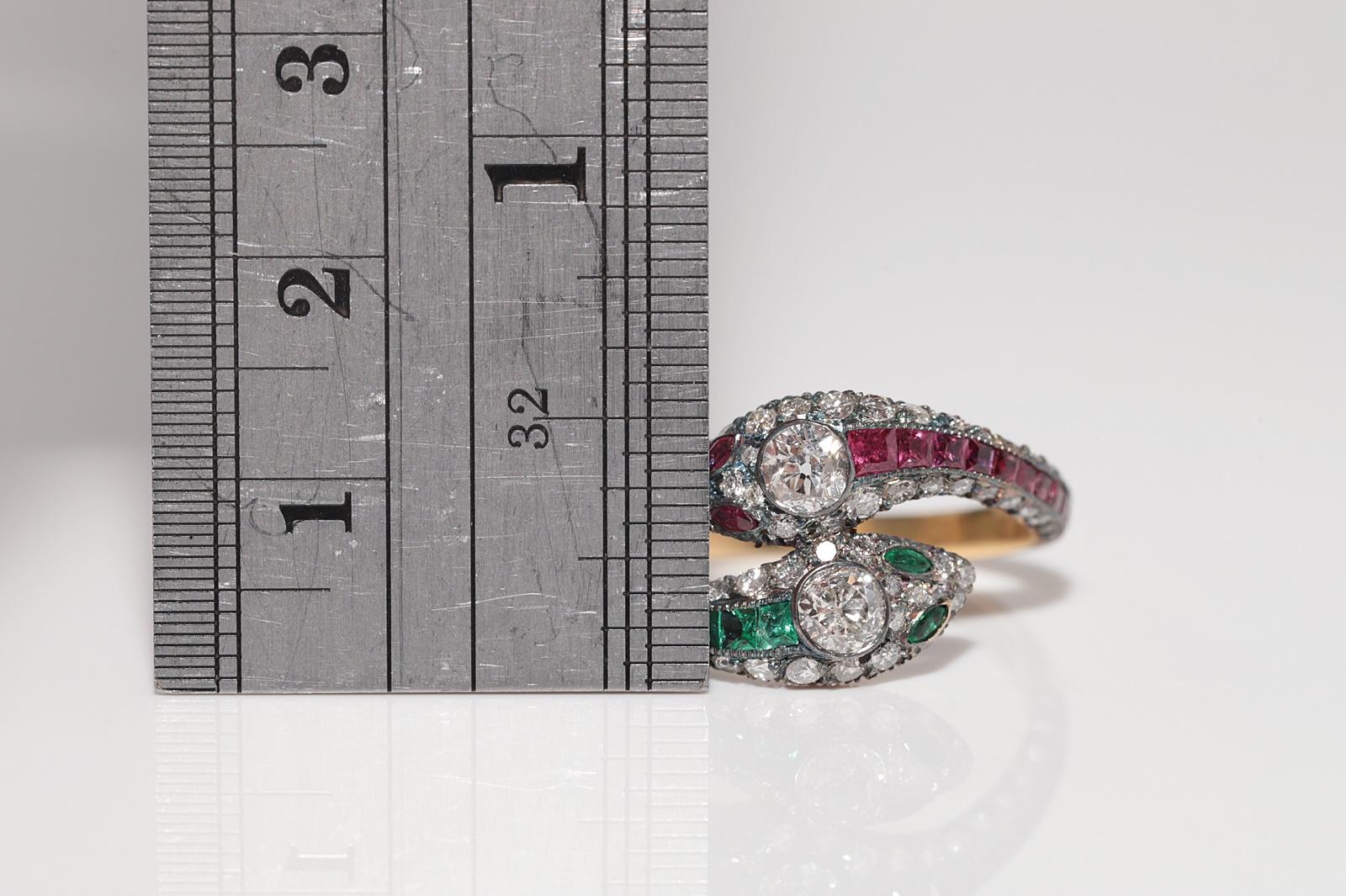 New Made 18k Gold Top Silver Natural Old Cut Diamant und Smaragd Rubin Schlange Ring im Angebot 4
