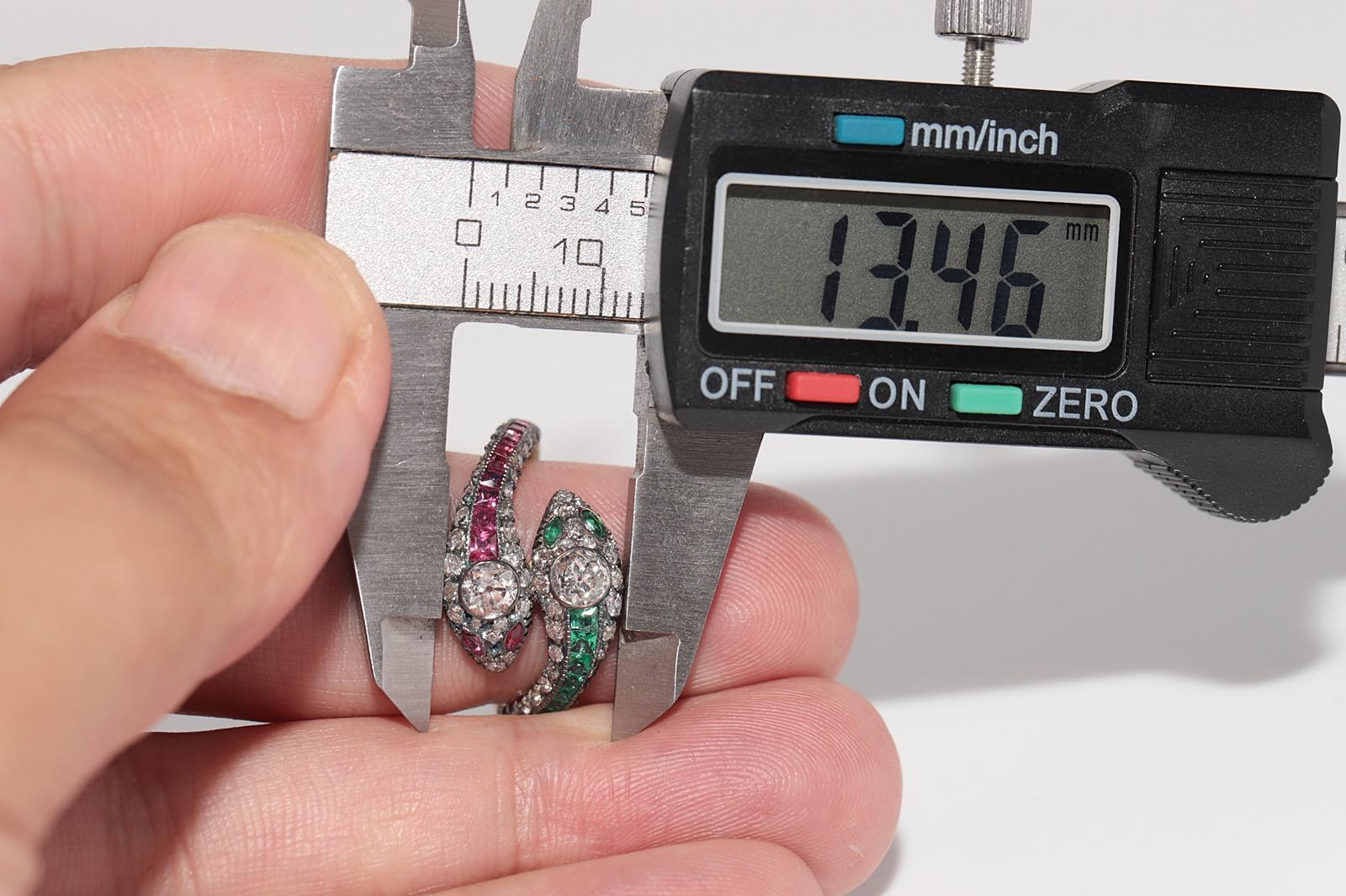 New Made 18k Gold Top Silver Natural Old Cut Diamond And Emerald Ruby Snake Ring en vente 5