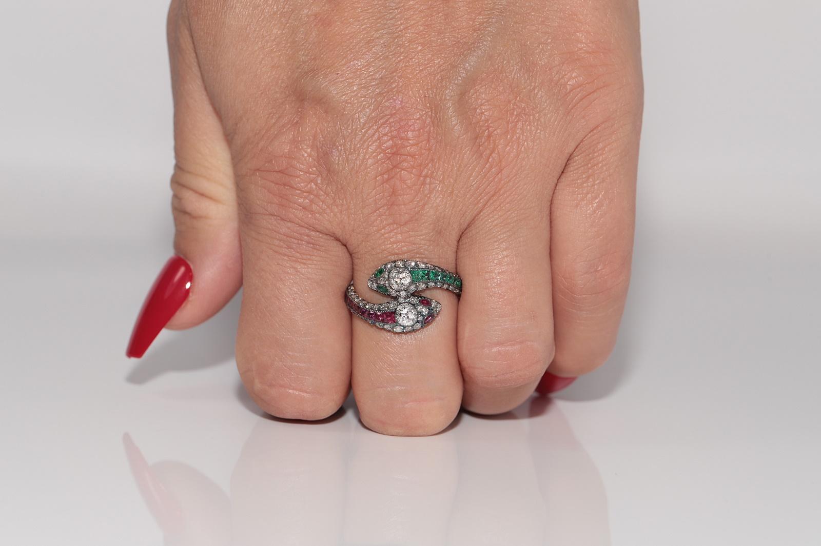 New Made 18k Gold Top Silver Natural Old Cut Diamond And Emerald Ruby Snake Ring en vente 8