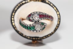 New Made 18k Gold Top Silver Natural Old Cut Diamond And Emerald Ruby Snake Ring