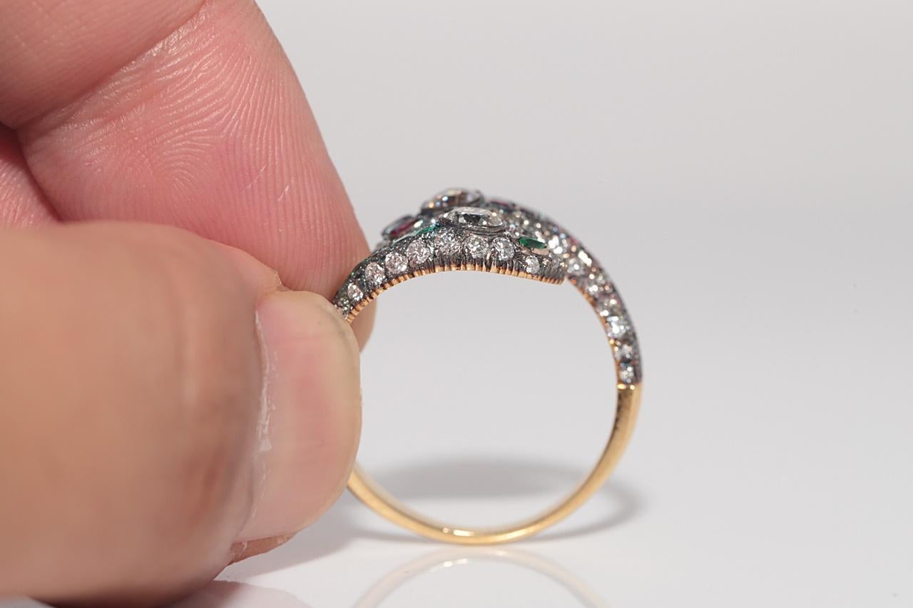 New Made 18k Gold Top Silver Natural Old Cut Diamond And Emerald Ruby Snake Ring Pour femmes en vente